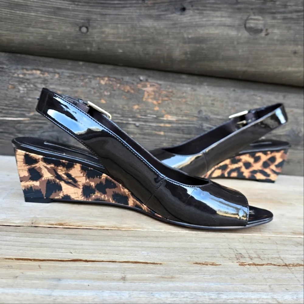 Bandolino Rollup Y2K Pop Glam Leopard Peep Toe Wedge Heels 8M